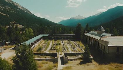 Fototapeta premium Abandoned mountain valley building complex