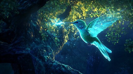 Obraz premium A hummingbird with rainbow wings hovers over a dreamy anime landscape