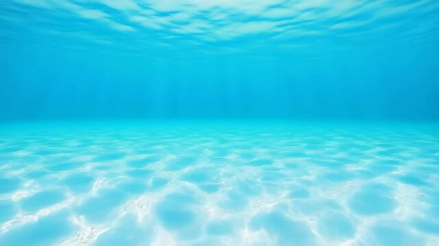 Underwater scene with light refraction creating textured blue surface and sandy bottom. Soft light filtering through water layers. Calm marine environment with smooth gradient.