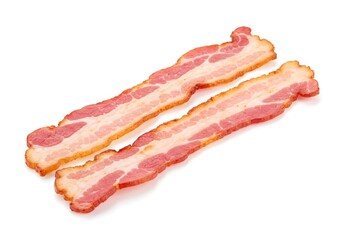 Two strips of bacon with visible fat and meat layers isolated on a white background in a studio shot