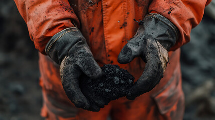 A person in protective gear holds a sample of dark, oily substance