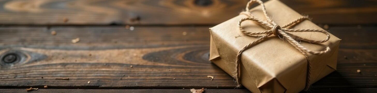 Rustic kraft paper gift, tied twine, wood backdrop, rustic, natural materials, surprise