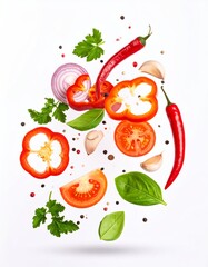 Fresh Colorful Vegetables and Herbs Floating in Air for Culinary Cooking Preparation