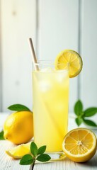 Fototapeta premium Refreshing lemonade, top view border, white wood backdrop, drink, ice, top