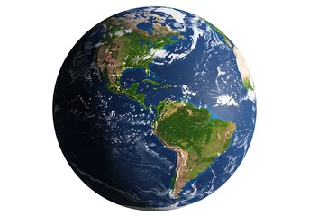 A view of planet earth showcasing north and south america with oceans and clouds on a white background