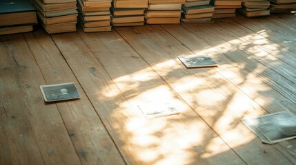 Sunlit wooden floor with vintage photographs and stacks of books