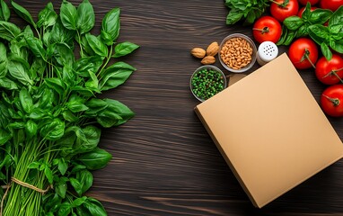 Fresh herbs, tomatoes, and nuts arranged around a blank box