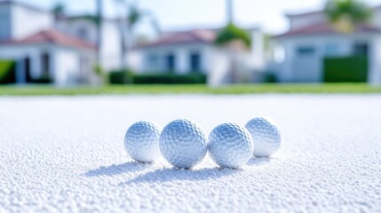 Four golf balls on a putting green, with houses in the background