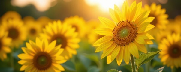 Close-up of sunlit sunflowers, bokeh effect, ample space  , beauty, closeup, rustic