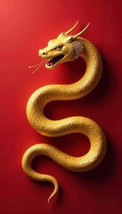 Fototapeta premium Symmetrical golden snake on crimson, Chinese zodiac theme , backdrop, stock photo