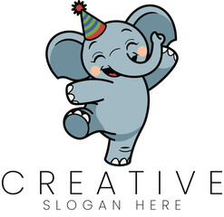 Happy Baby Elephant Cartoon Illustration Design Festive Party fun joy cute logo icon card kids cute 