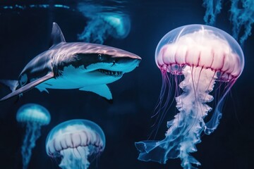Shark swimming past floating jellyfish, contrasting their soft forms with sharp anatomy