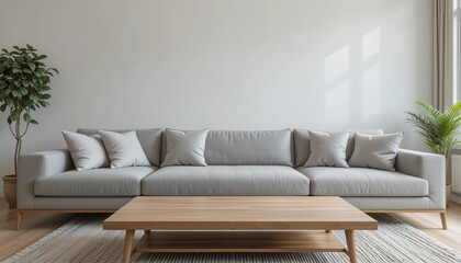 Bright & Spacious Living Room: Modern Sectional Sofa with Cushions, Coffee Table & Plants – Clean Minimalist Home Interior (189 characters)


