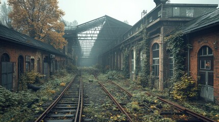 Abandoned factory complex, overgrown with vegetation, misty morning