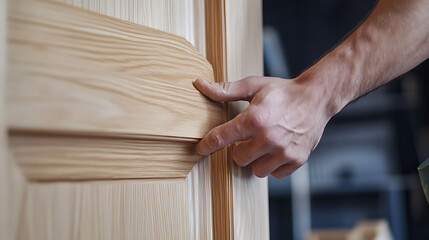 Obraz premium Carpenter Inspecting a Wooden Door Panel