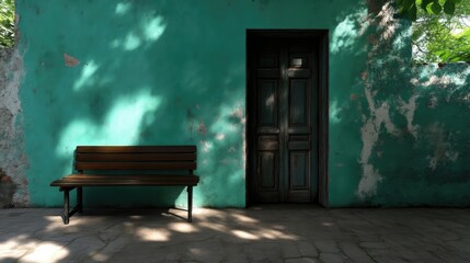 Aged teal wall, wooden bench, and doorway