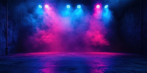 Colorful lighting in an empty stage space creating a vibrant atmosphere during a nighttime event