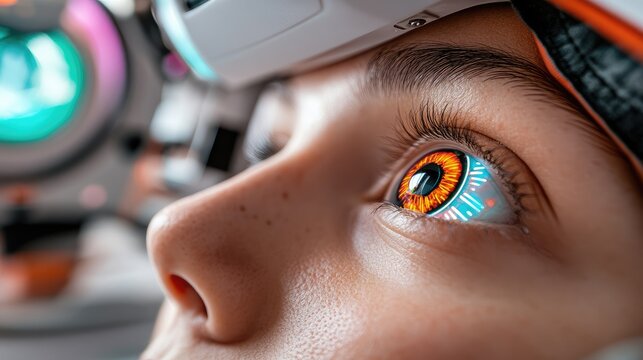 Human eye augmented with advanced cybernetics and virtual reality interface system