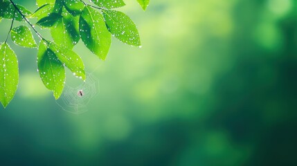 Spider in dewy web among green leaves on a misty morning