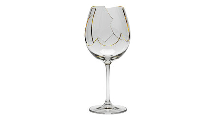 Isolated Broken Wine Glass with Gold Accents Repair Concept