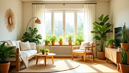 Fototapeta premium minimalist living room featuring an abundance of lush, green, indoor plants, natural wood tone furniture