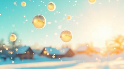 Fototapeta premium Golden bubbles floating in winter sunset over snow-covered village landscape
