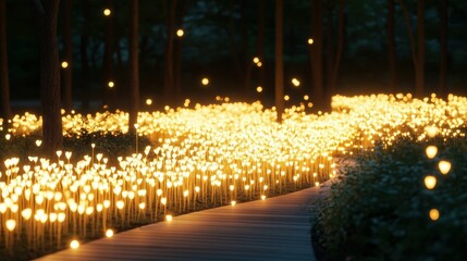 Illuminated park pathway at night with glowing lights among trees