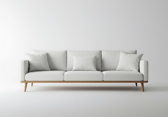 Fototapeta premium A white sofa with pillows and a wooden frame against a white background in a studio setting light room