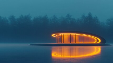 Futuristic glowing structure in foggy forest with reflections on water