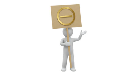 Isolated Cartoon Stick Figure Holding Sign with Minus Symbol
