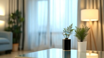 Modern living room with stylish decor featuring ferns on a glossy table surface