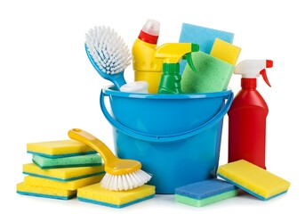 A blue bucket filled with cleaning supplies and sponges on a white surface in a well lit environment