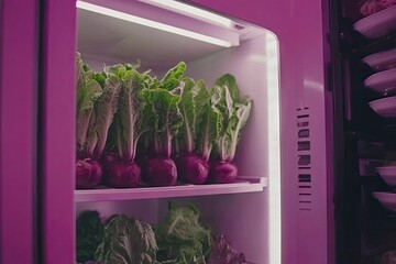 Freshly grown vegetables in a modern, illuminated refrigerator