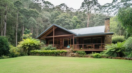 Log Cabin Exterior View in Forest Setting, Lush Green Lawn, Stone Chimney, Australian Bushland, Serene Landscape, Natural Light, Wide Angle