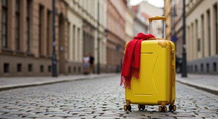 Yellow suitcase with red scarf on cobblestone street ready for travel and adventure abroad alone