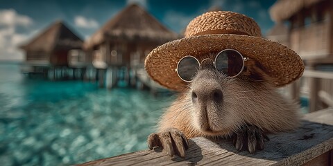 Obraz premium Stylish capybara wearing sunglasses and a straw hat, leaning on a rustic wooden railing with a tropical paradise backdrop of turquoise ocean, white sand, and overwater bungalows under a sunny sky