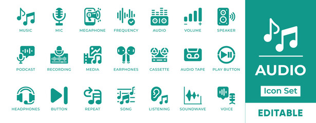 Audio Icon Set. Includes editable icons for music, sound, recording, headphones, mic, podcast, and playback. Perfect for multimedia, apps, and streaming.