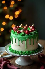 Christmas drip cake decorated with green icing and red and gold christmas balls