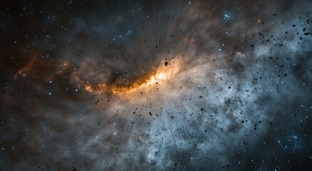 Obraz premium Cosmic explosion in a nebula. Vast expanse of space filled with swirling clouds of gas and dust, radiating light and debris