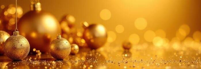 Golden christmas balls hanging on a sparkling background