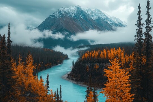Majestic Mountain Peak Overlooking Turquoise River and Autumnal Forest Landscape Scenery in Canadian Rockies Aerial View