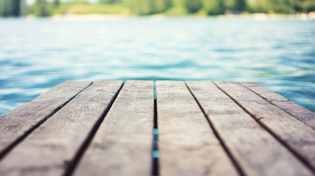 Wooden pier overlooking tranquil lake with blurred green landscape