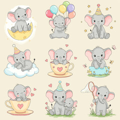 Sweet Elephant Collection: A set of adorable illustrations of baby elephants in playful poses, perfect for adding a touch of joy and cuteness to any project.