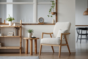 Fototapeta premium A cozy interior design featuring a white, textured armchair with wooden frame and legs, positioned next to a small, round wooden table holding a potted plant and a teacup