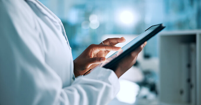 Hands, research or woman in laboratory with tablet, update or gene editing medical experiment. Data scientist, innovation breakthrough or touchscreen with science report, biotech test or DNA results