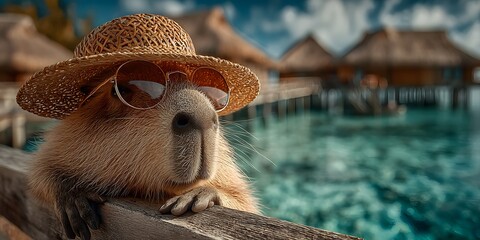 Naklejka premium Stylish capybara wearing sunglasses and a straw hat, leaning on a rustic wooden railing with a tropical paradise backdrop of turquoise ocean, white sand, and overwater bungalows under a sunny sky