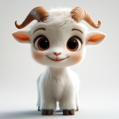Cute cartoon goat, smiling, white background, digital art, children's book illustration