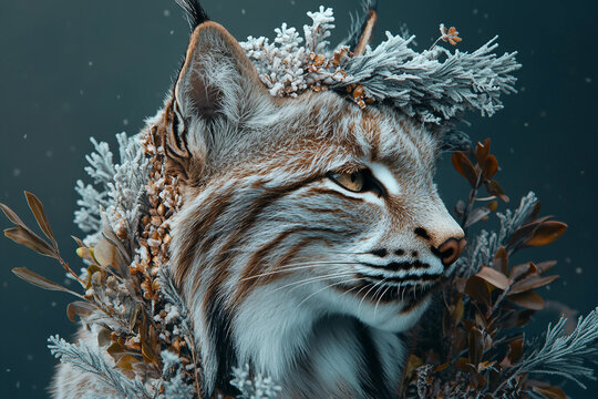 Generative AI artwork of a majestic lynx-like fantasy creature adorned with frosted plants and winter foliage in a magical snowy setting - Powered by Adobe