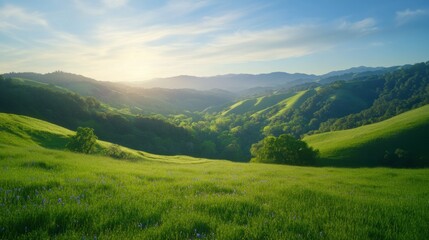 Obraz premium Serene landscape with rolling hills and lush greenery at sunrise