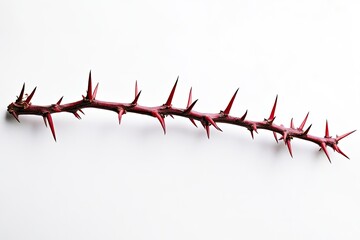 A long, thin, reddish-brown stem, densely covered in sharp thorns, lies horizontally against a plain white background
